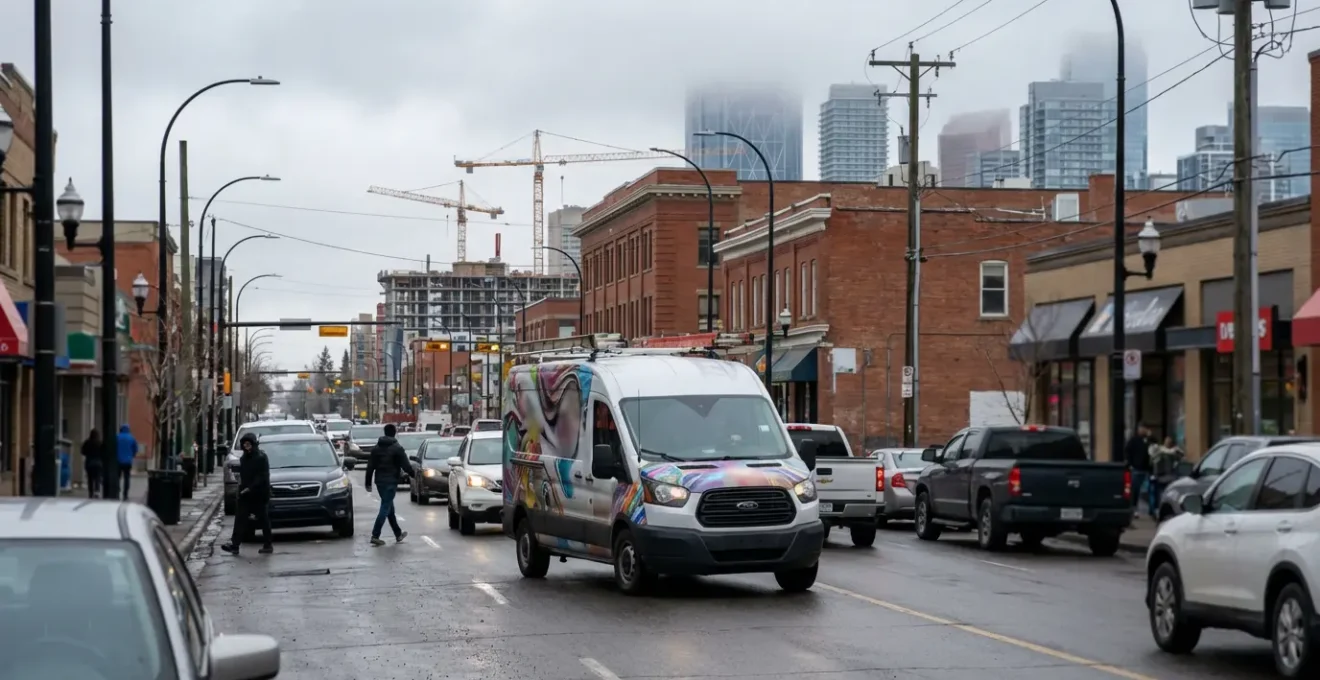 Vehicle graphics wrap on branded work van driving through Calgary neighbourhood showcasing brand exposure