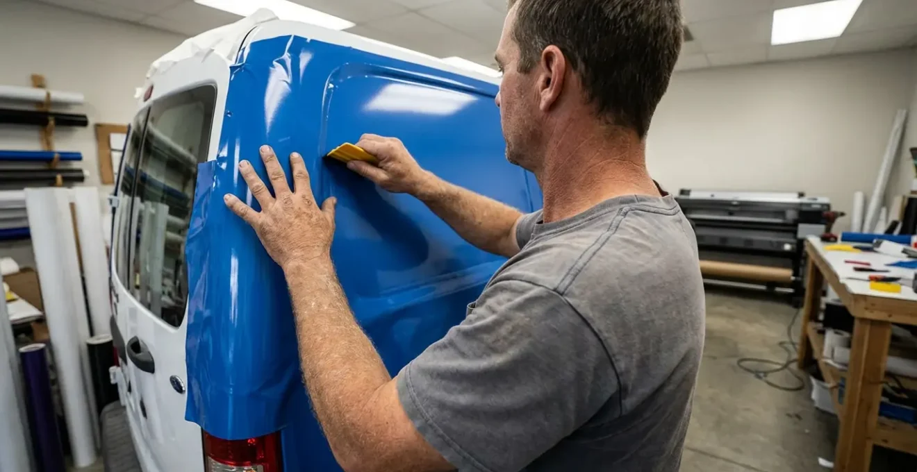Professional installation of vinyl vehicle graphics wrap by technician applying material in workshop